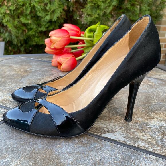 Fendi Shoes - Fendi Black Satin & Patent Leather Stiletto Pumps Size 8.5 Luxury